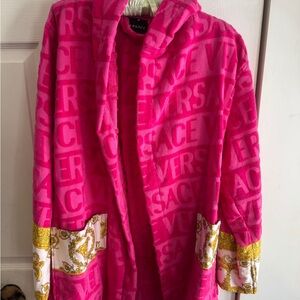 Versace Vibrant Pink Logo Hooded Robe with Satin Trim